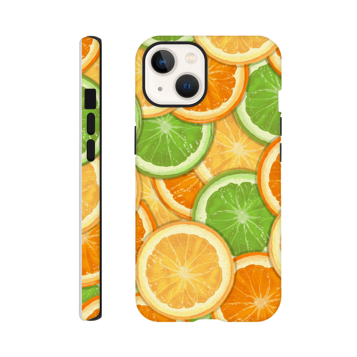 Vibrant orange and lime slice pattern phone case with shock-absorbing TPU protection for iPhone 13-16 models.