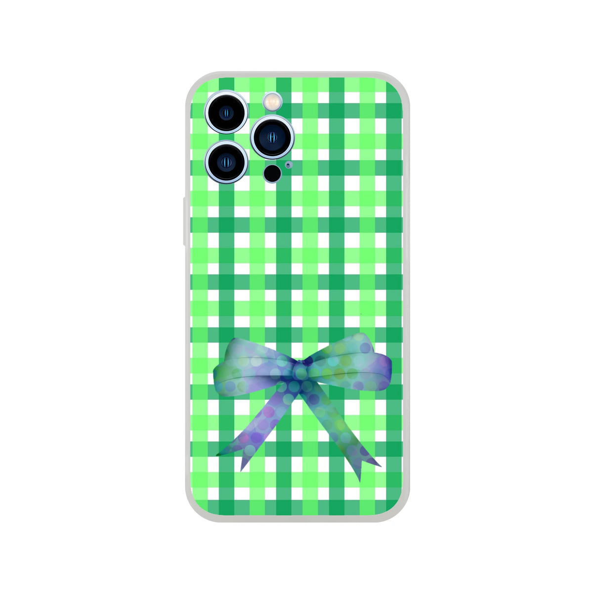 Green gingham iPhone case (13-16) with frosty translucent TPU and pastel polka-dot bow, cute coquette aesthetic.