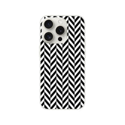 Black and white herringbone geometric iPhone case featuring a crisp matte finish and shock-absorbing TPU protection for models 13-16.
