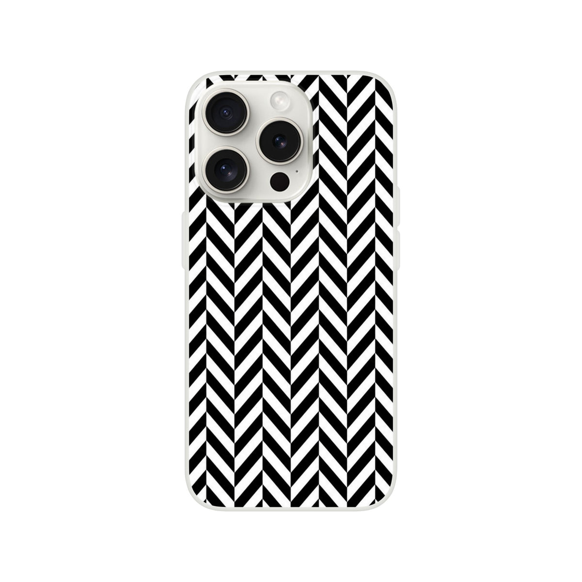 Black and white herringbone geometric iPhone case featuring a crisp matte finish and shock-absorbing TPU protection for models 13-16.