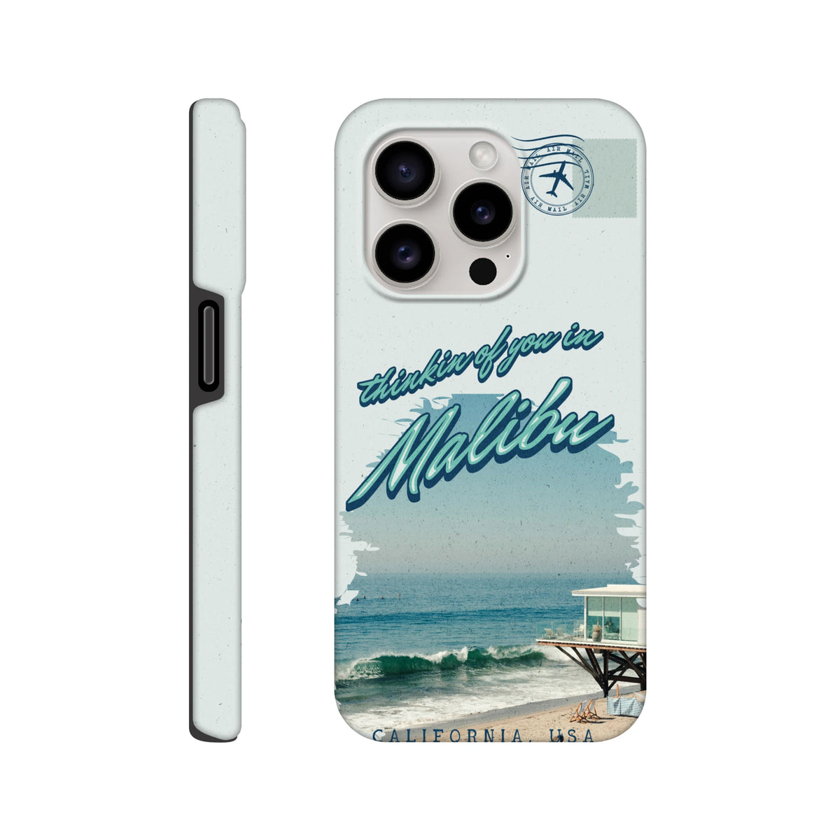 Vintage-style iPhone case featuring "thinkin of you in Malibu" text, a beach house, ocean waves, and an air mail stamp graphic.