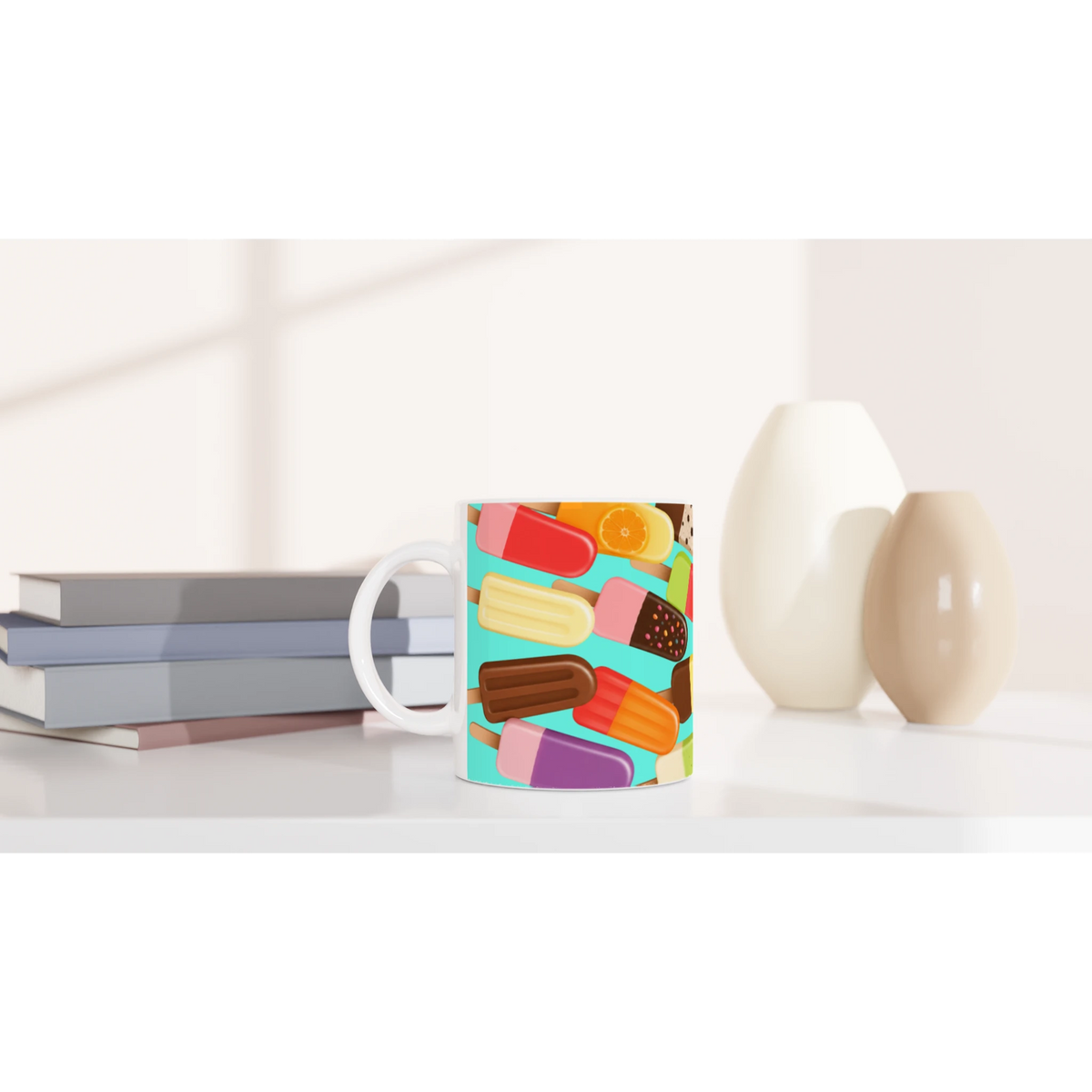 Retro ceramic coffee mug featuring a vibrant pattern of colorful popsicles and ice lollies on a turquoise background.