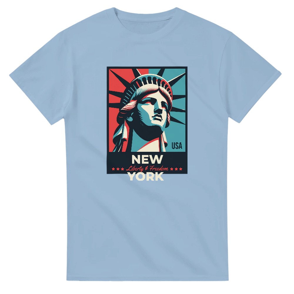 Light blue men's graphic tee featuring Statue of Liberty poster in red and teal tones.