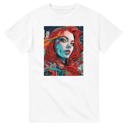 White graphic tee featuring bold artistic streetwear portrait of a woman with flowing red hair and blue shadow details.
