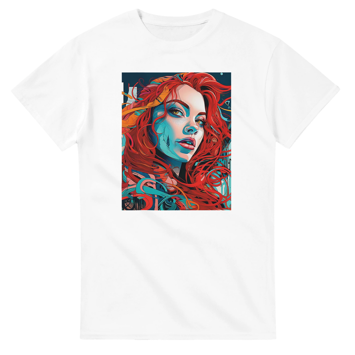 White graphic tee featuring bold artistic streetwear portrait of a woman with flowing red hair and blue shadow details.