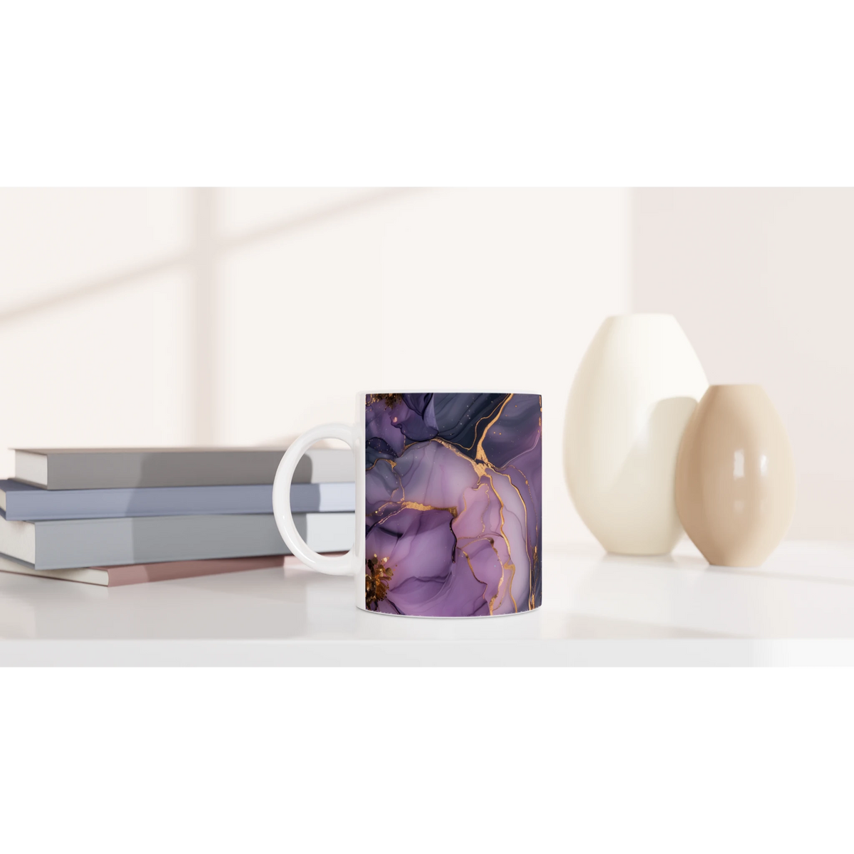 Purple & Gold Marble Mug with abstract agate design, ceramic coffee cup.