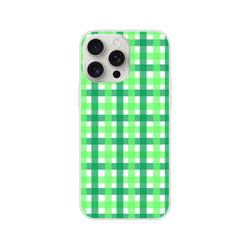 Green gingham iPhone case with lime checkered pattern and triple camera cutouts.