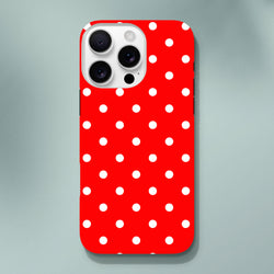 Red and white polka dot tough iPhone case with glossy wraparound print designed for drop protection on models 13-16.
