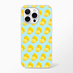 Pastel blue iPhone case featuring a bright yellow lemon pattern. Cute summer fruit TPU phone cover for iPhone 13-16.