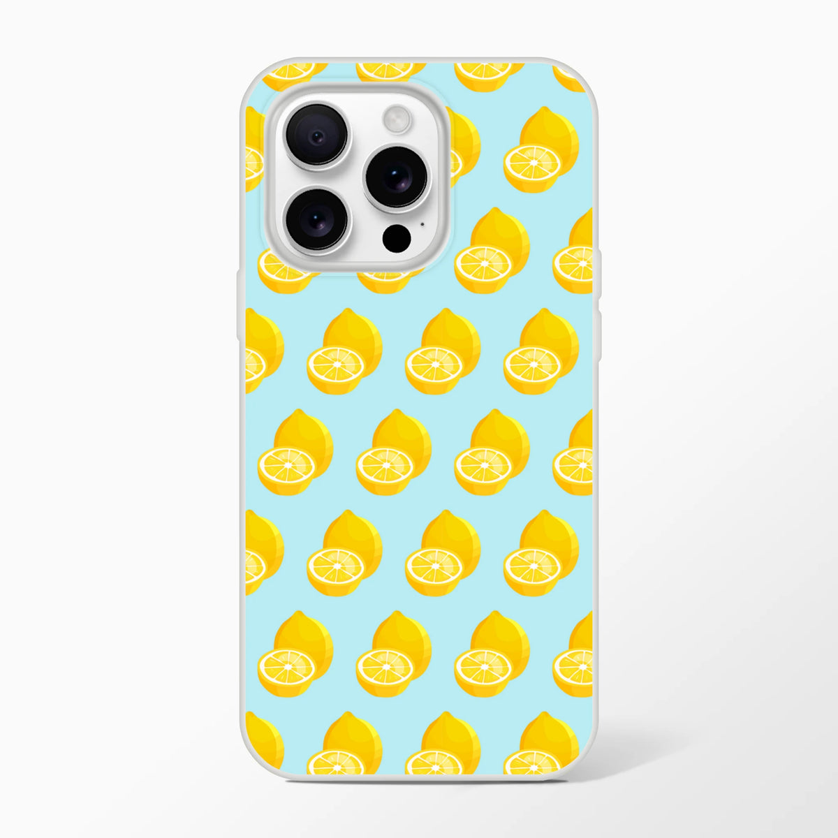 Pastel blue iPhone case featuring a bright yellow lemon pattern. Cute summer fruit TPU phone cover for iPhone 13-16.