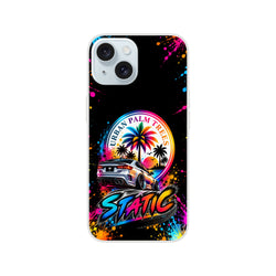 Static Slammed iPhone case featuring a lowered silver car, vibrant Urban Palm Trees sunset graphic, and colorful paint splatter art on black.