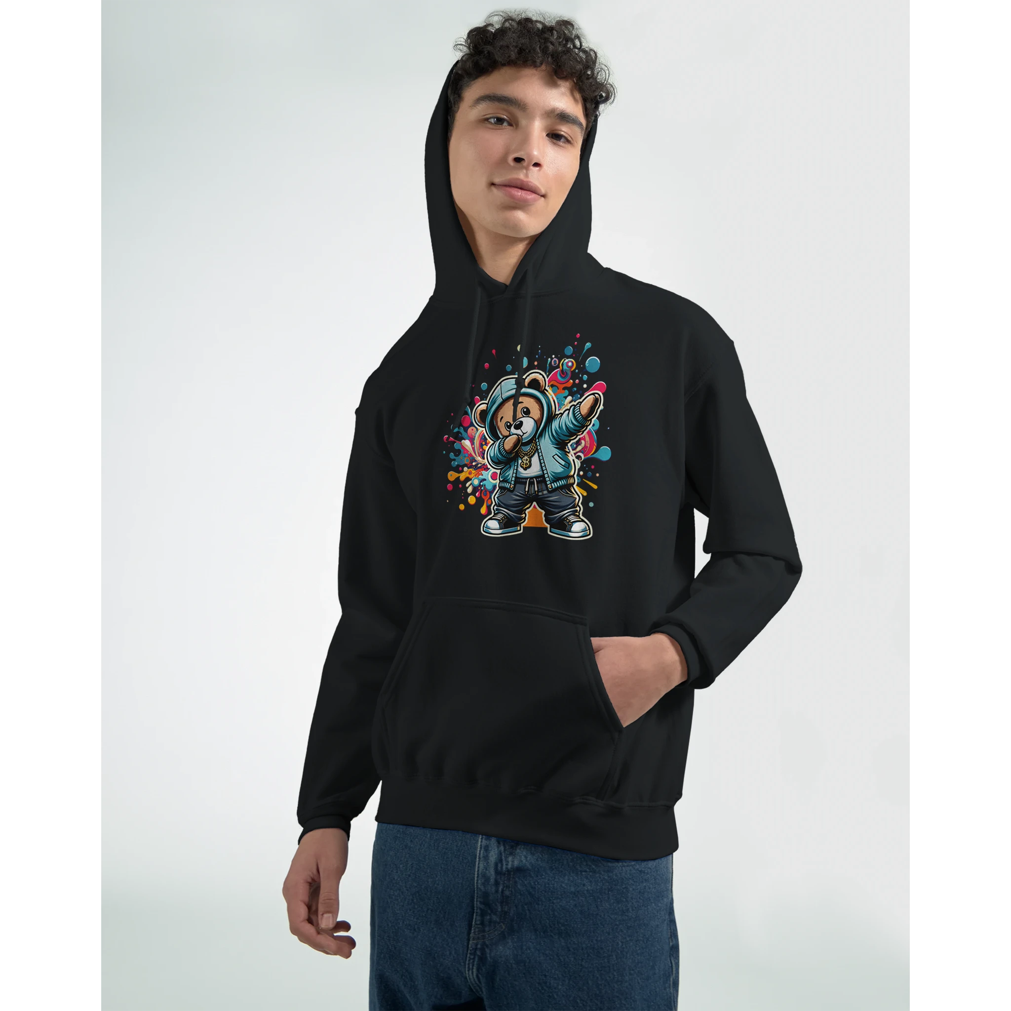 Man wearing black cotton-blend Men's Dab Teddy Bear Hoodie with colorful teddy bear graphic on chest.
