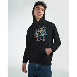 Man wearing black cotton-blend Men's Dab Teddy Bear Hoodie with colorful teddy bear graphic on chest.