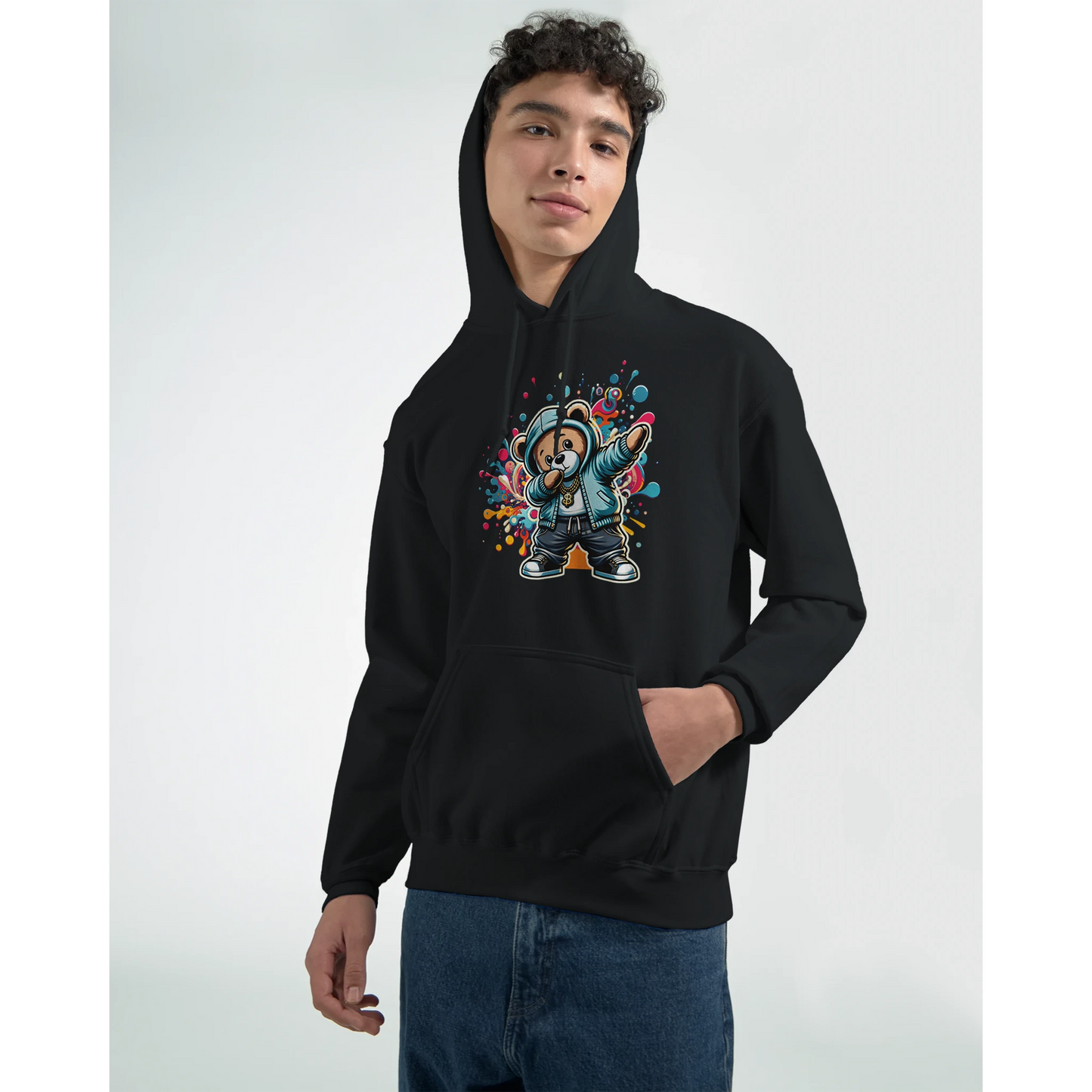 Person wearing a black men's teddy bear hoodie with a colorful graphic design on a white background. 1