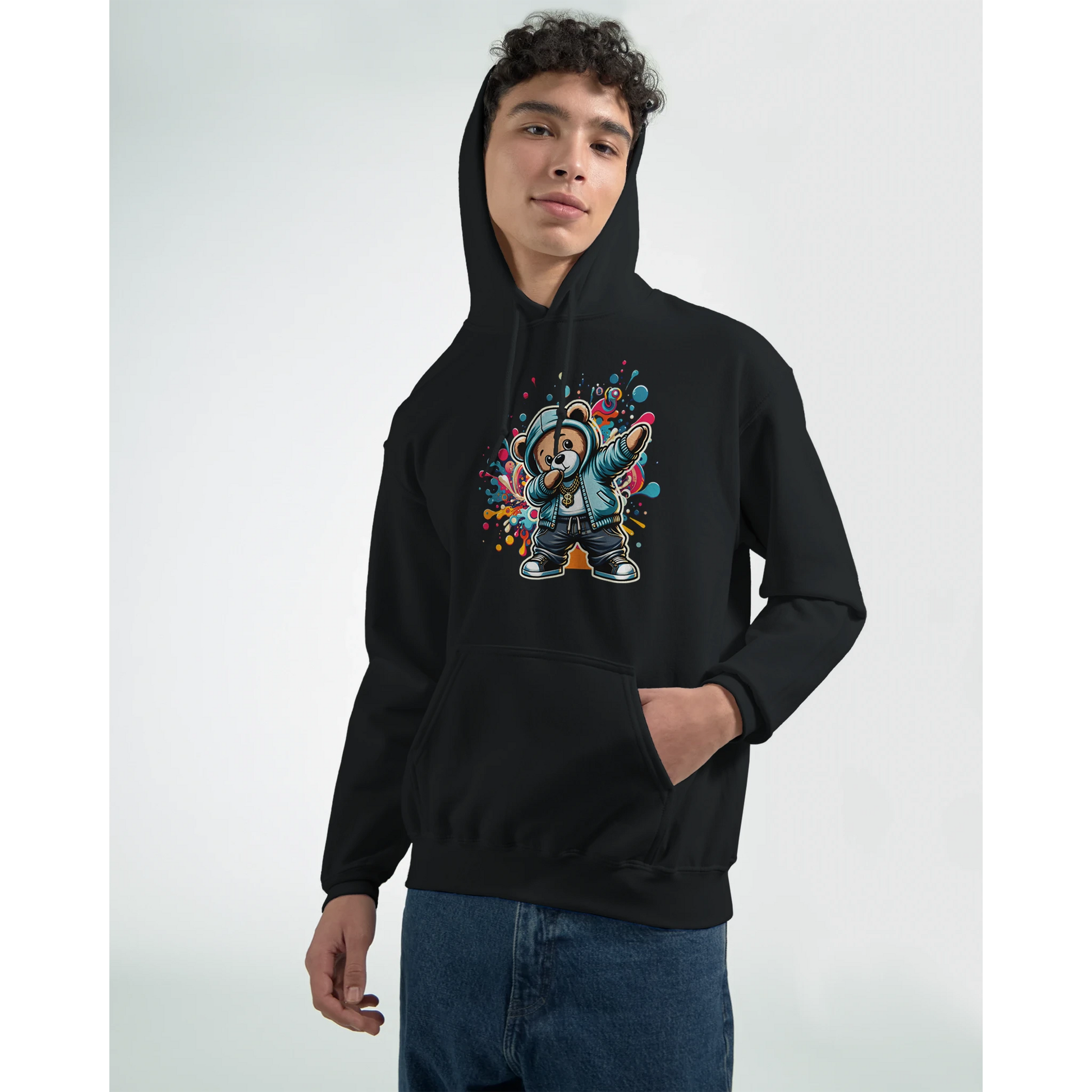Person wearing a black men's teddy bear hoodie with a colorful graphic design on a white background. 1