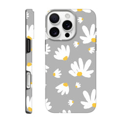 Grey daisy tough iPhone case featuring white floral print with yellow centers on a utilitarian grey background for models 13-16.