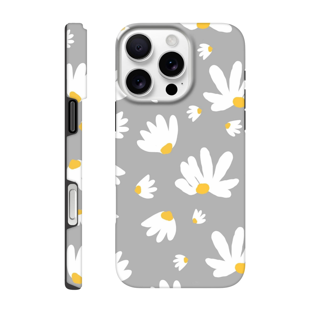 Grey daisy tough iPhone case featuring white floral print with yellow centers on a utilitarian grey background for models 13-16.