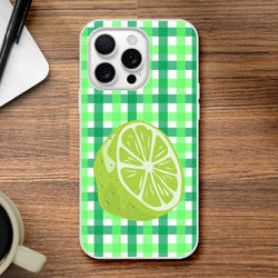 Cute Lime Gingham iPhone Case (13-16) with lime-slice graphic in green aesthetic