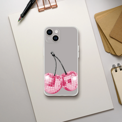 Y2K glitter cherries iPhone case for 13-16; slim matte TPU, retro cherry design.