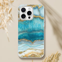 Blue and gold marble iPhone case for 13-16 with luxury ocean agate design, slim shock-absorbing, matte finish.