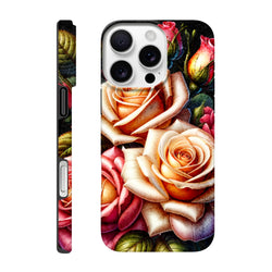 Protective iPhone case featuring romantic orange and pink roses with botanical leaves. Tough floral cover with reinforced corners for iPhone 13-16.