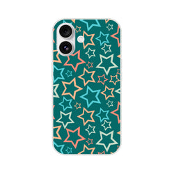 Retro multicolour star iPhone case for 13-16, teal background with scattered peach, teal, and light-blue stars.
