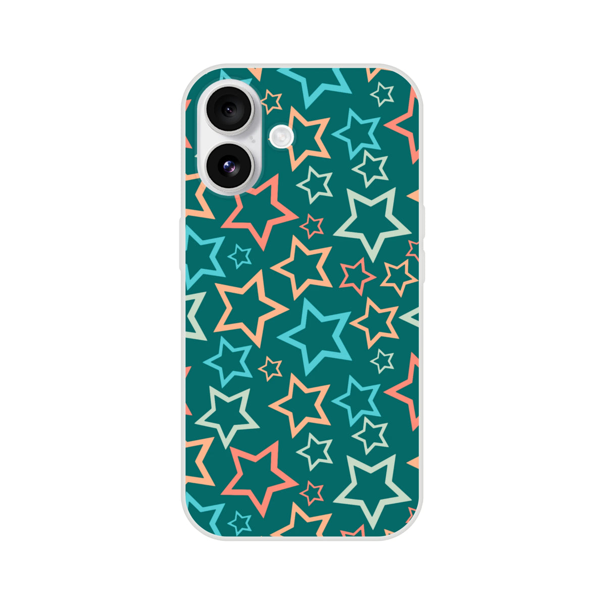 Retro multicolour star iPhone case for 13-16, teal background with scattered peach, teal, and light-blue stars.