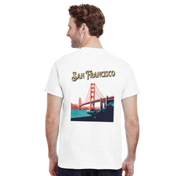 San Francisco graphic T-shirt featuring Golden Gate Bridge travel design on white tee.