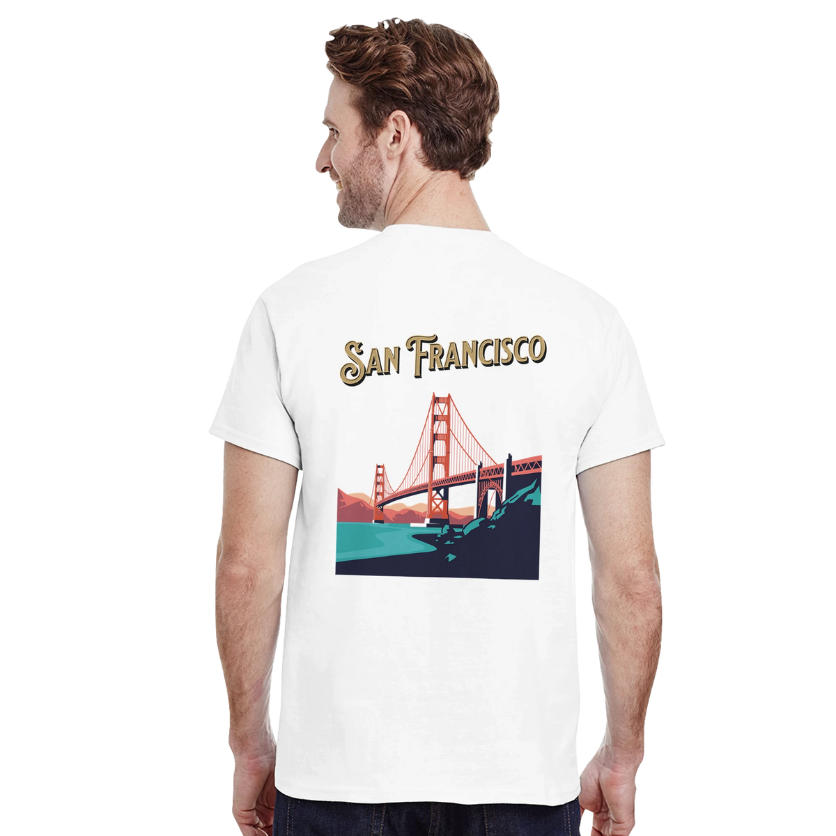 San Francisco graphic T-shirt featuring Golden Gate Bridge travel design on white tee.