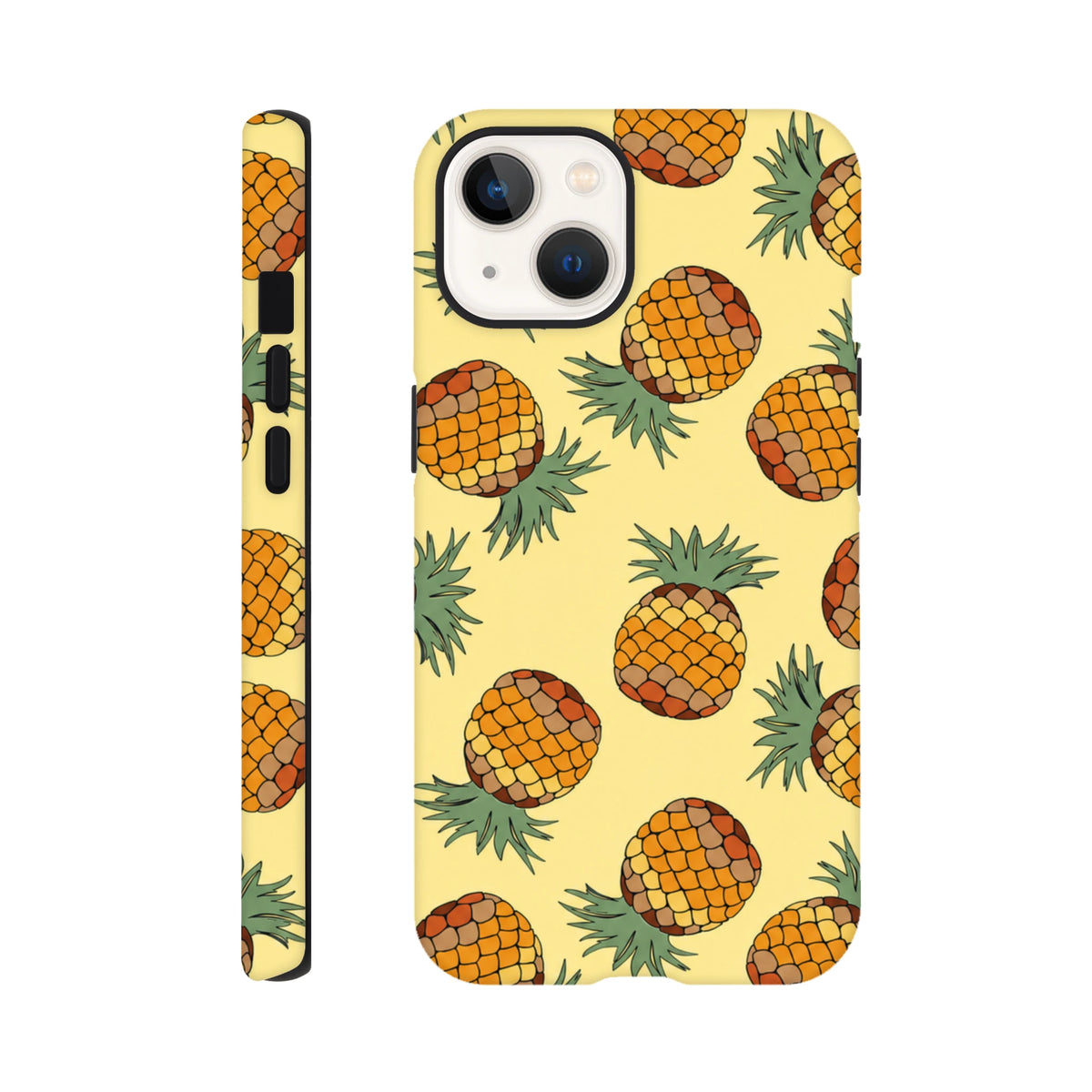 Yellow pineapple pattern iPhone case with tropical print on pale yellow background. Durable phone cover for daily carry and impact protection.