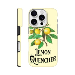 Vintage lemon tough iPhone case featuring retro botanical fruit illustration and Lemon Quencher typography on cream background.
