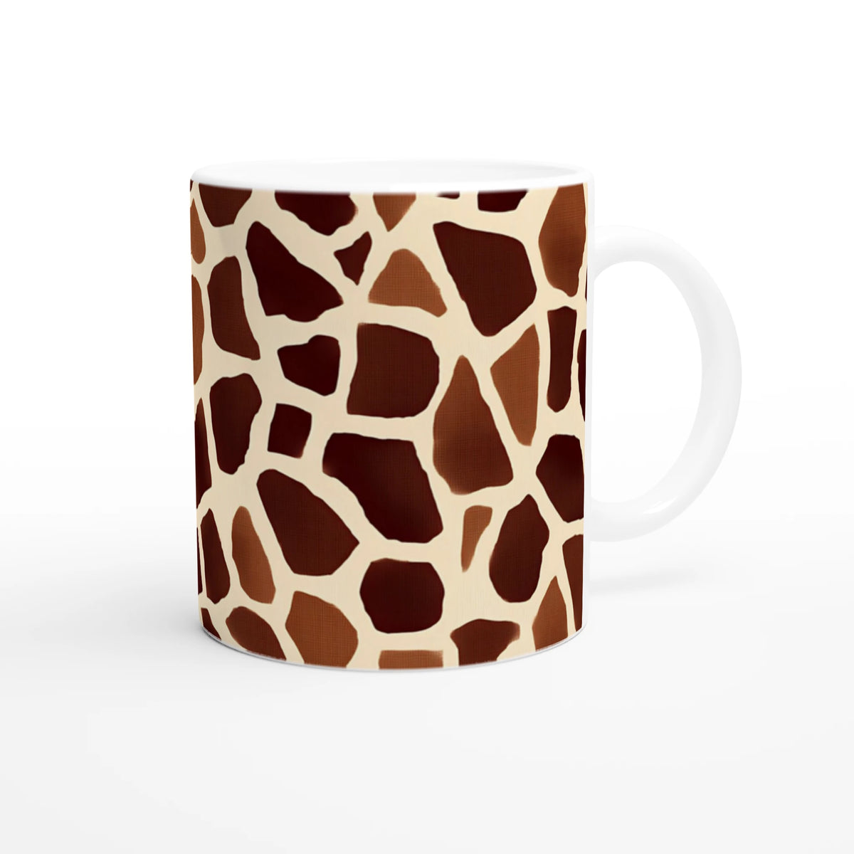Brown giraffe-print mug, safari-style coffee cup with tan and beige irregular spots.