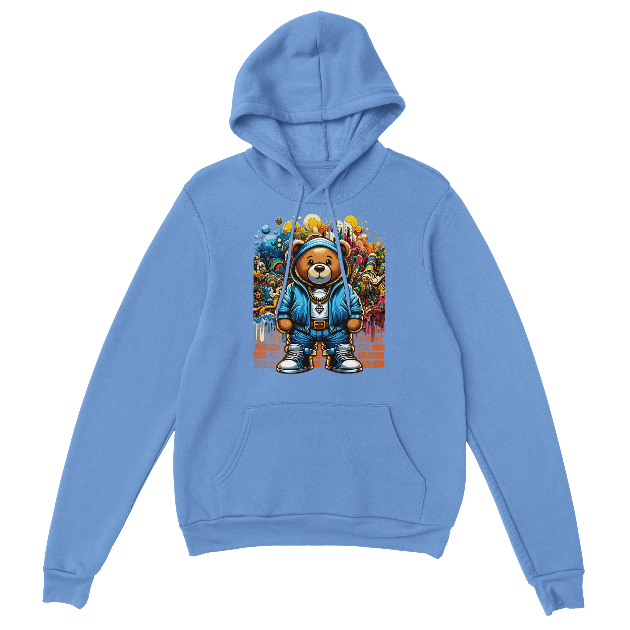 Blue men's Urban Teddy Bear Hoodie, 50/50 cotton blend, graphic bear in urban wear amid graffiti background.
