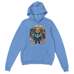 Blue men's Urban Teddy Bear Hoodie, 50/50 cotton blend, graphic bear in urban wear amid graffiti background.