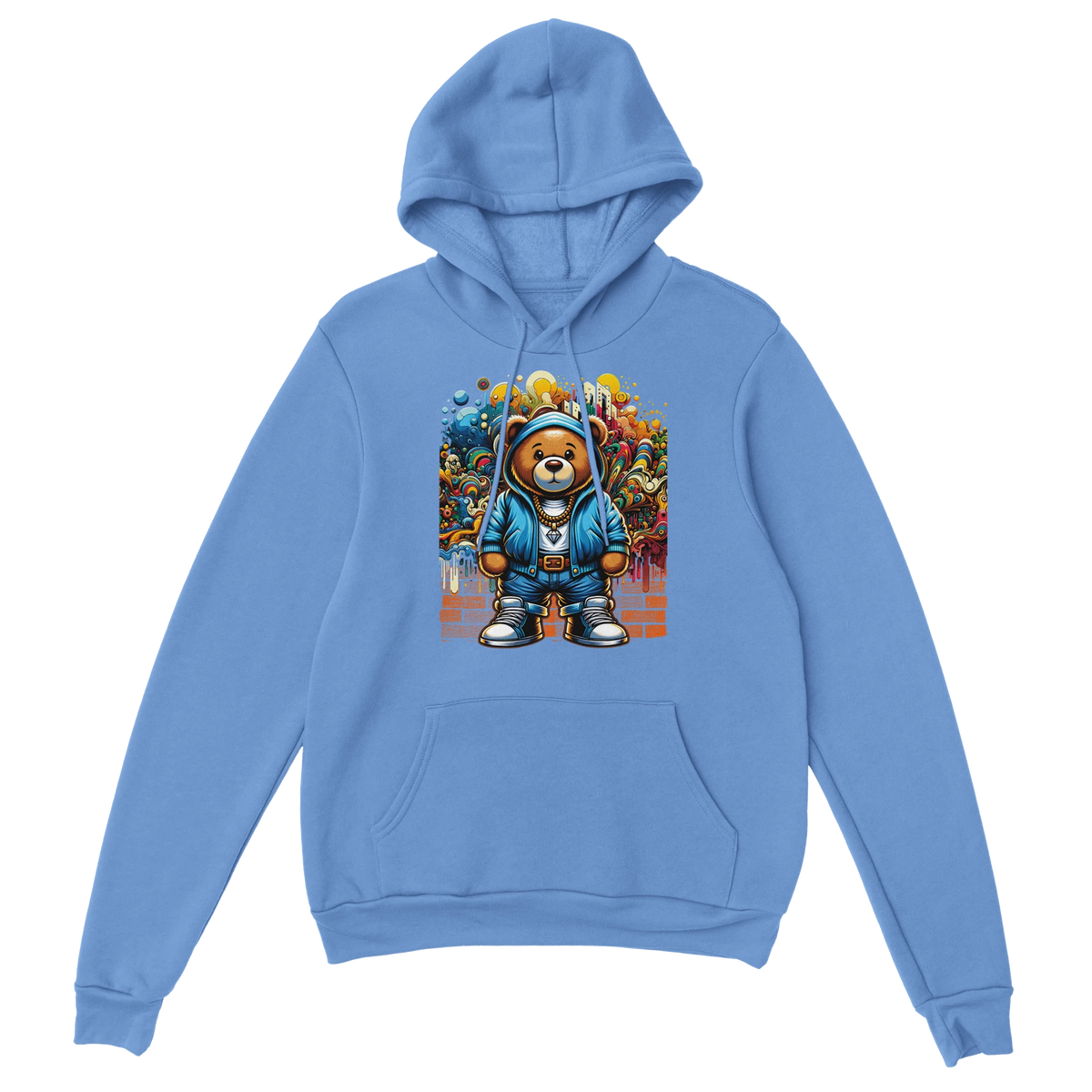 Blue men's Urban Teddy Bear Hoodie, 50/50 cotton blend, graphic bear in urban wear amid graffiti background.