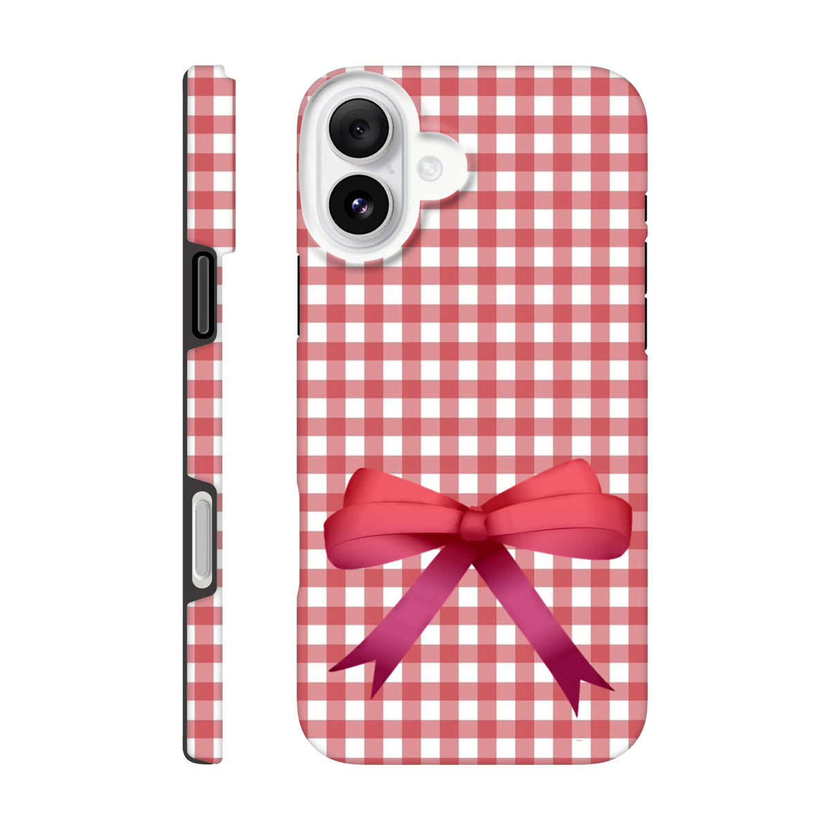 Red gingham iPhone case with a large pink bow. Cute coquette tough phone cover featuring a wraparound checkered print for iOS 13-16 devices.