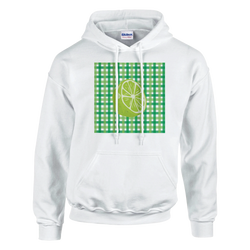 White hoodie featuring a retro lime green gingham rectangle graphic with a sliced lime illustration and kangaroo pocket.