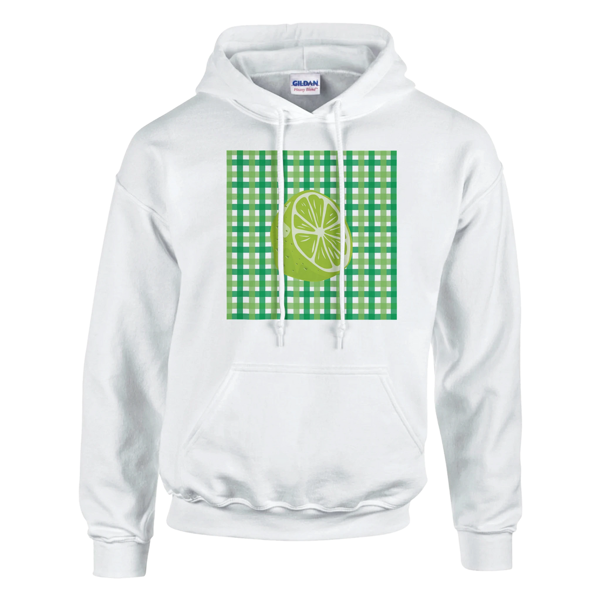 White hoodie featuring a retro lime green gingham rectangle graphic with a sliced lime illustration and kangaroo pocket.