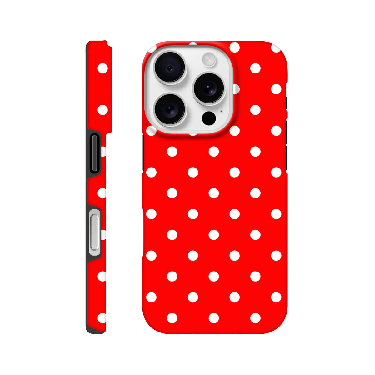 Red and white polka dot tough iPhone case for models 13-16. Cute protective cover with glossy finish and shock-absorbing dual-layer TPU shell.