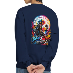 Navy petrolhead sweatshirt featuring a colorful rear graphic with a manual shift knob, palm trees, and Drop A Gear text.