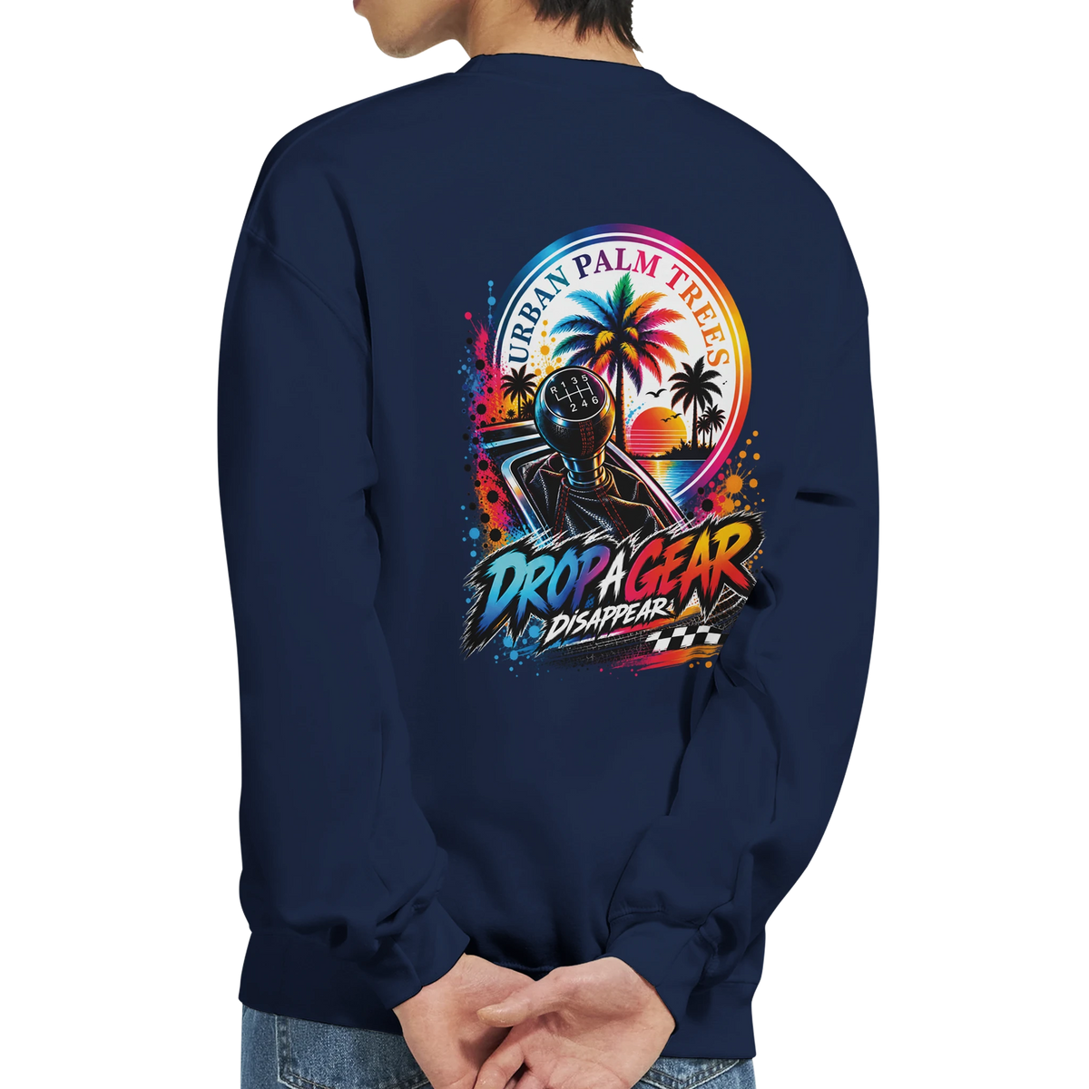 Navy petrolhead sweatshirt featuring a colorful rear graphic with a manual shift knob, palm trees, and Drop A Gear text.