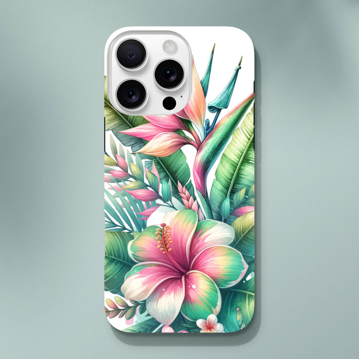 Tropical hibiscus and leaf floral print iPhone case with vivid pink, green, and white botanical design for impact-resistant protection.
