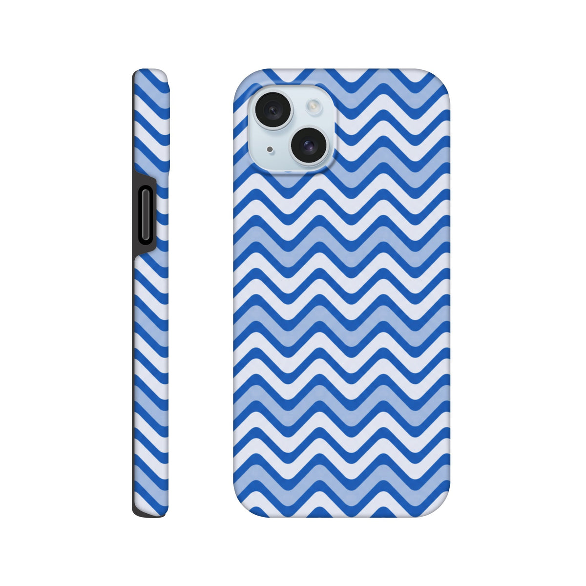 Blue & white retro chevron iPhone case with zigzag pattern, glossy wraparound print, and dual-layer shock-absorbing TPU protection.