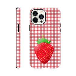 Cute red and white gingham iPhone case featuring a large central strawberry graphic, offering tough drop protection for daily commutes.