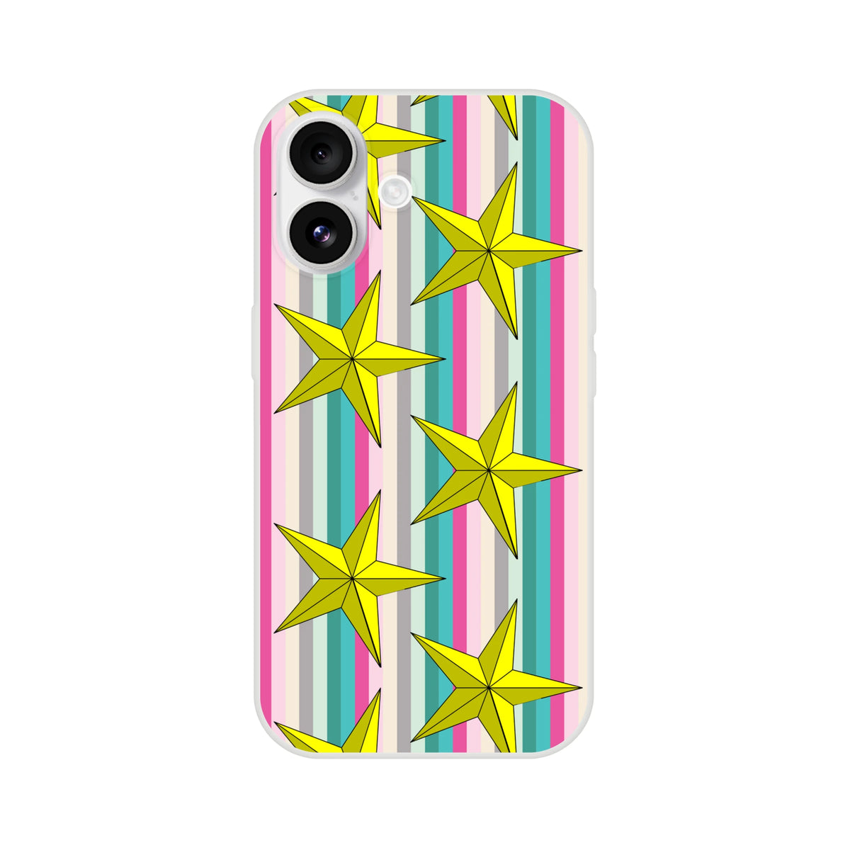 Pastel stripe iPhone case with gold stars for iPhone 13-16; slim TPU, fingerprint-resistant matte finish.