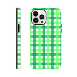 Green gingham tough iPhone case featuring retro plaid pattern and wraparound design for shock protection.