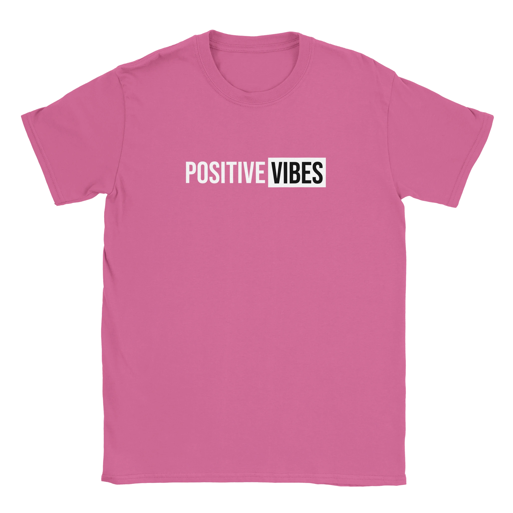 Pink women's T-shirt with bold 'POSITIVE VIBES' graphic in white blocks, retro streetwear vibe.