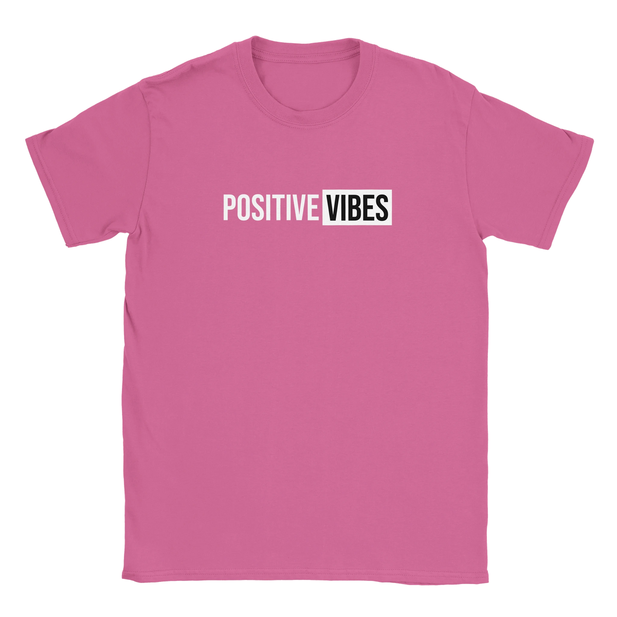 Pink women's T-shirt with bold 'POSITIVE VIBES' graphic in white blocks, retro streetwear vibe.