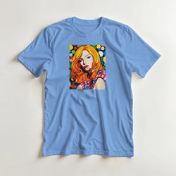 Blue men's pop-art graphic tee with a vibrant portrait of a blonde woman on the front.
