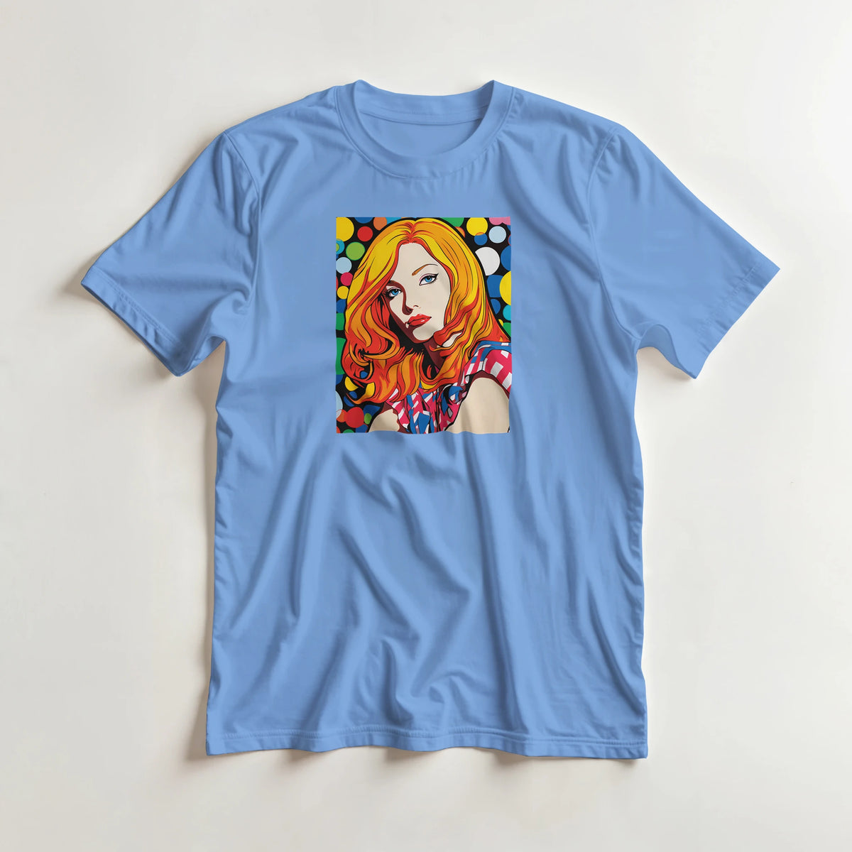 Blue men's pop-art graphic tee with a vibrant portrait of a blonde woman on the front.